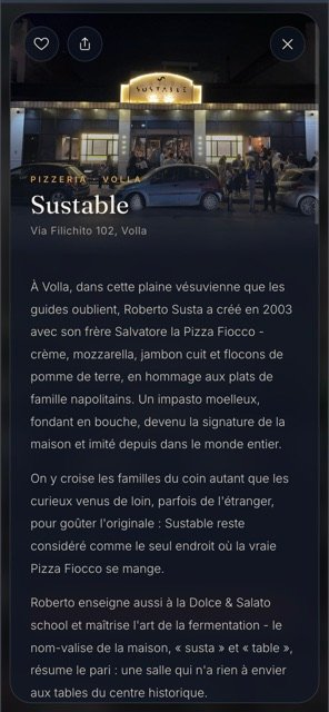 Détail d’une fiche lieu dans l’app Slice of Napoli