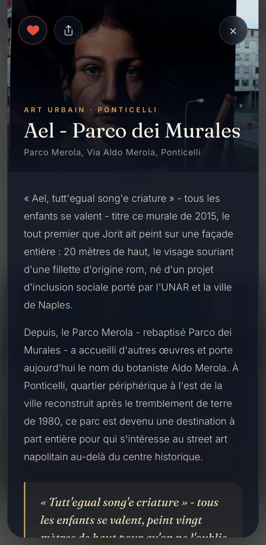 Fiche du murale Ael au Parco dei Murales, quartier de Ponticelli