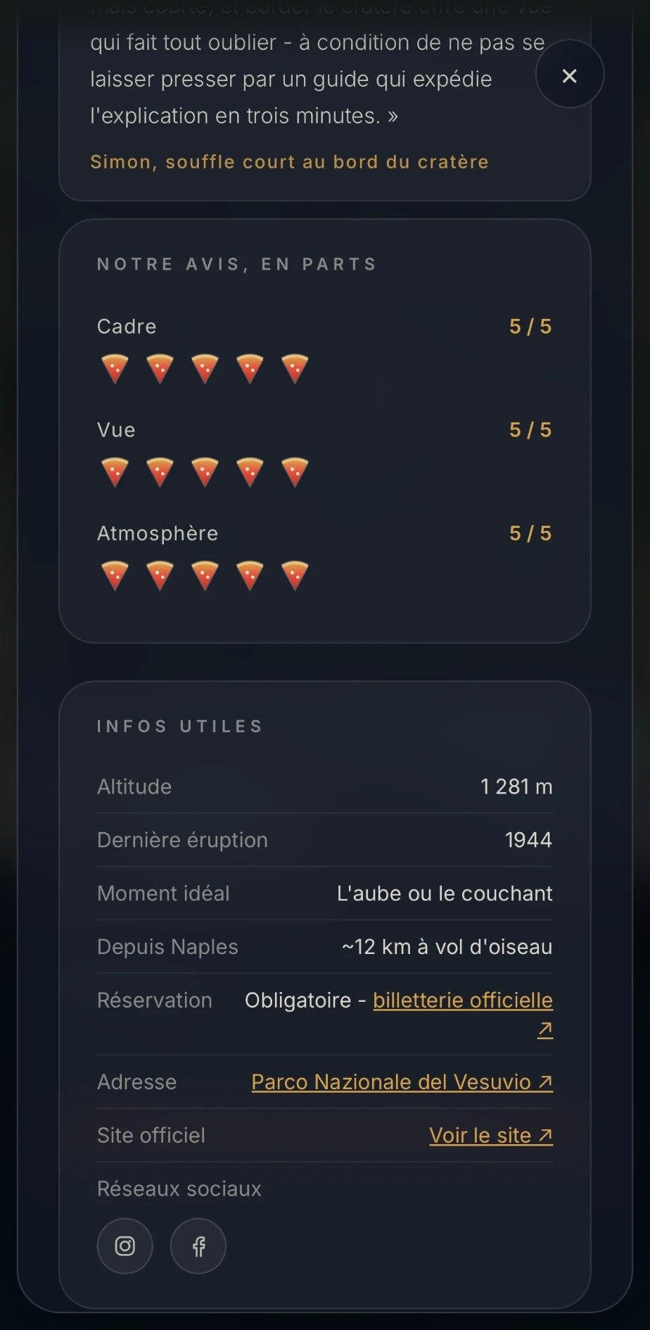 Notation d’un lieu en parts de pizza, suivie de ses informations pratiques