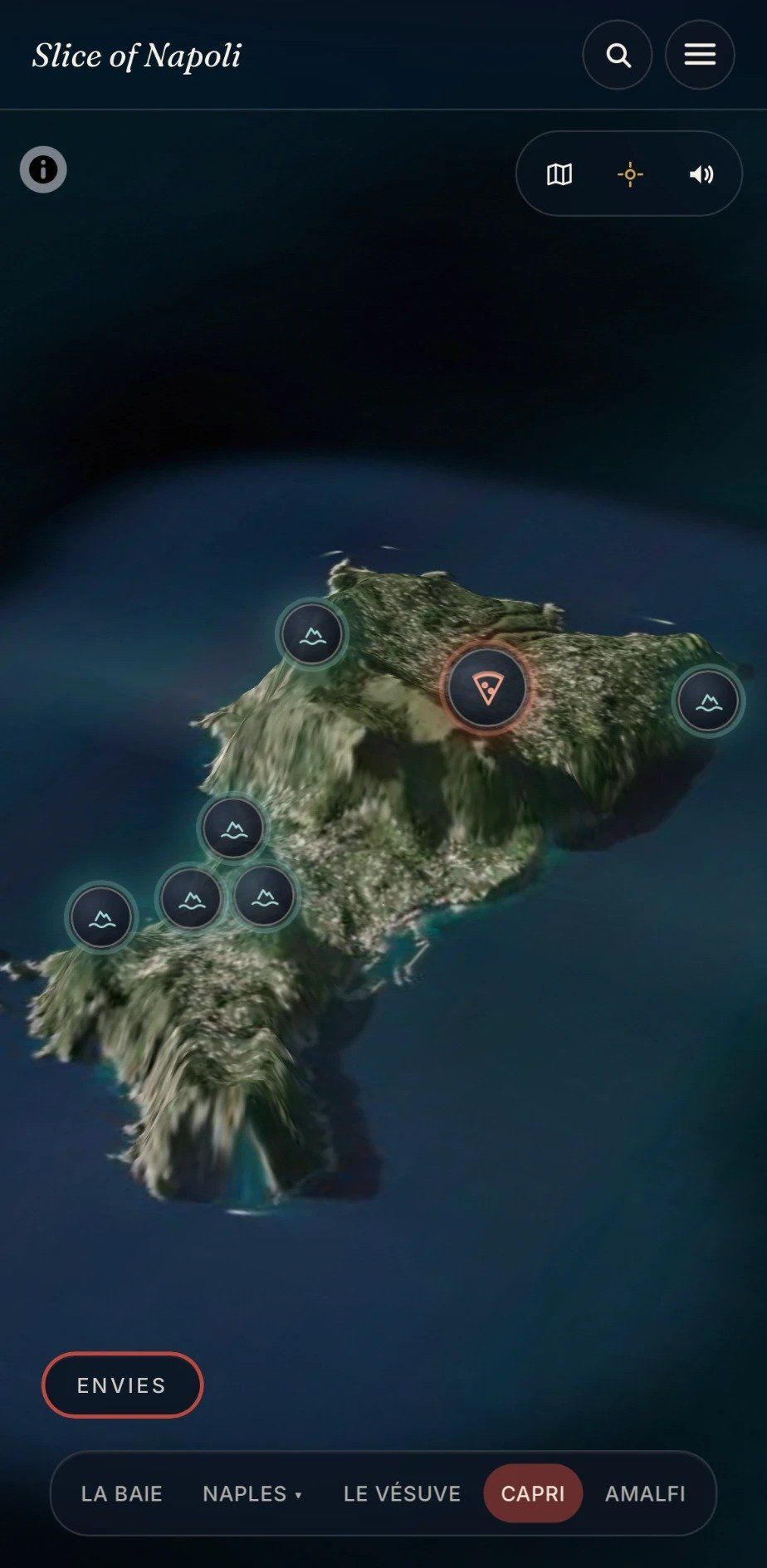 L’île de Capri en relief 3D sur la carte de l’app