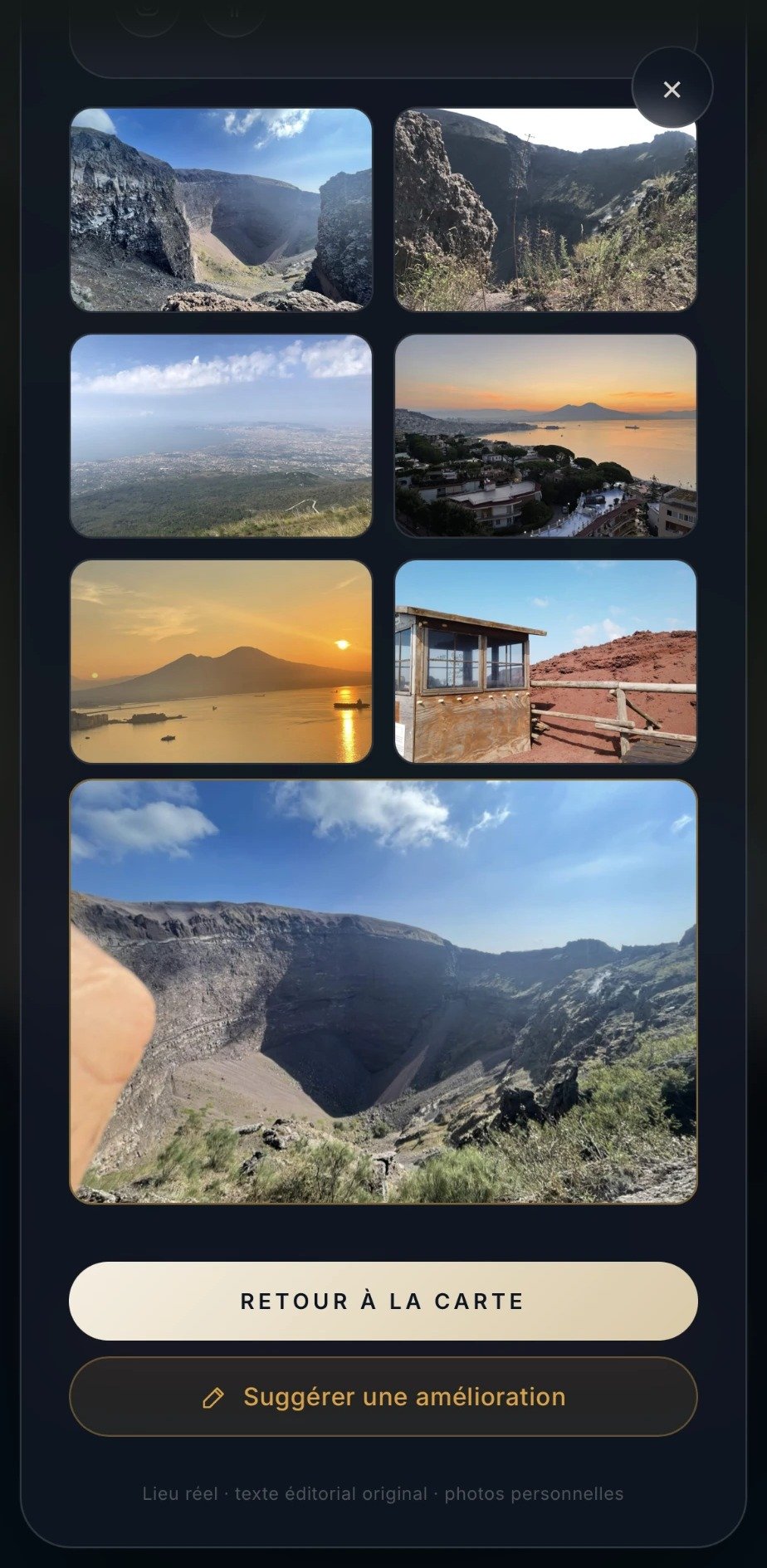 Galerie de photos personnelles du Vésuve dans une fiche de l’app