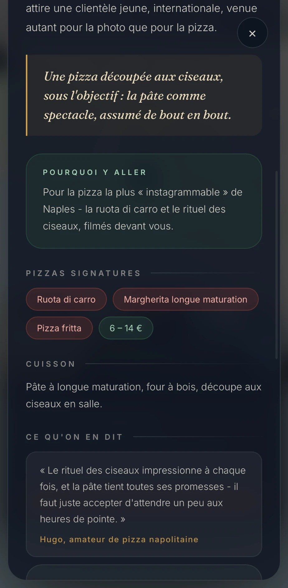 Fiche d’une pizzeria napolitaine : pizzas signatures, cuisson, témoignage