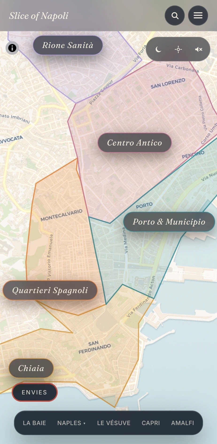 Carte de Naples découpée par quartiers, du Centro Antico à Chiaia