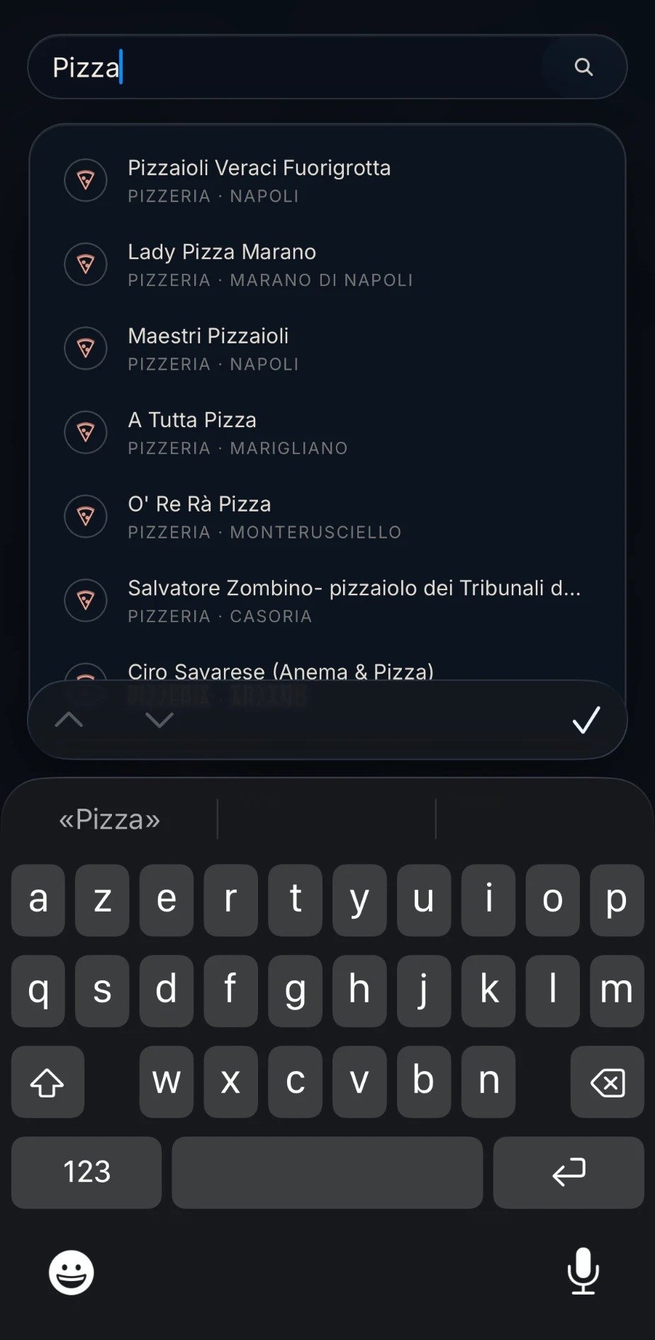 Écran de recherche de l’app, résultats instantanés pour le mot pizza