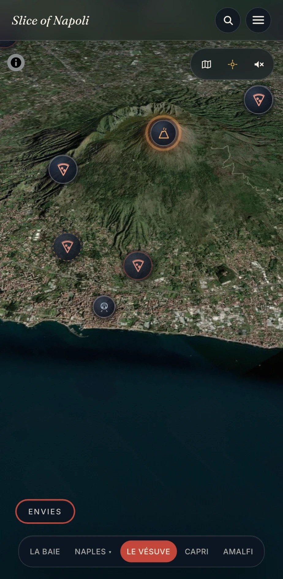 Le Vésuve en relief 3D sur la carte de l’app