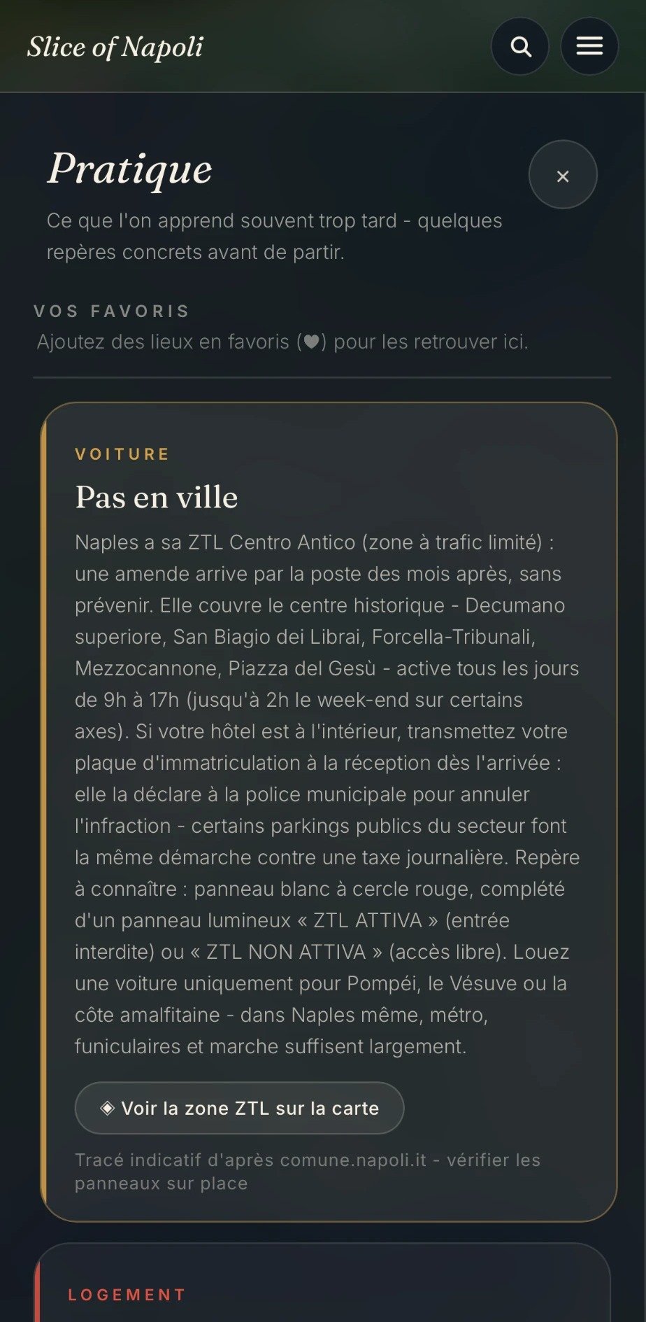 Panneau Pratique de l’app expliquant la zone à trafic limité de Naples