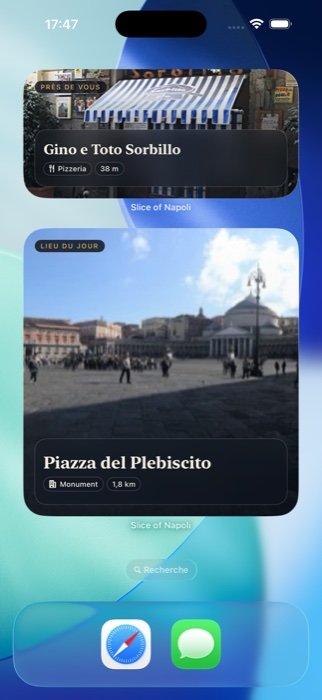 Les widgets Slice of Napoli en tailles moyenne et grande sur un écran d’accueil d’iPhone